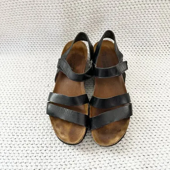 Naot Kayla Black Matte Leather Strappy Corkbed Low Platform Wedge Sandals 41 L10 - Picture 7 of 9